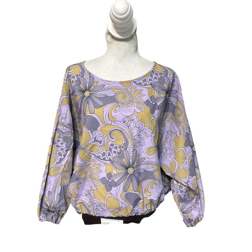 Bryn Walker Gianna Blouse Organic Cotton Floral Balloon Sleeve Crop Top Size M